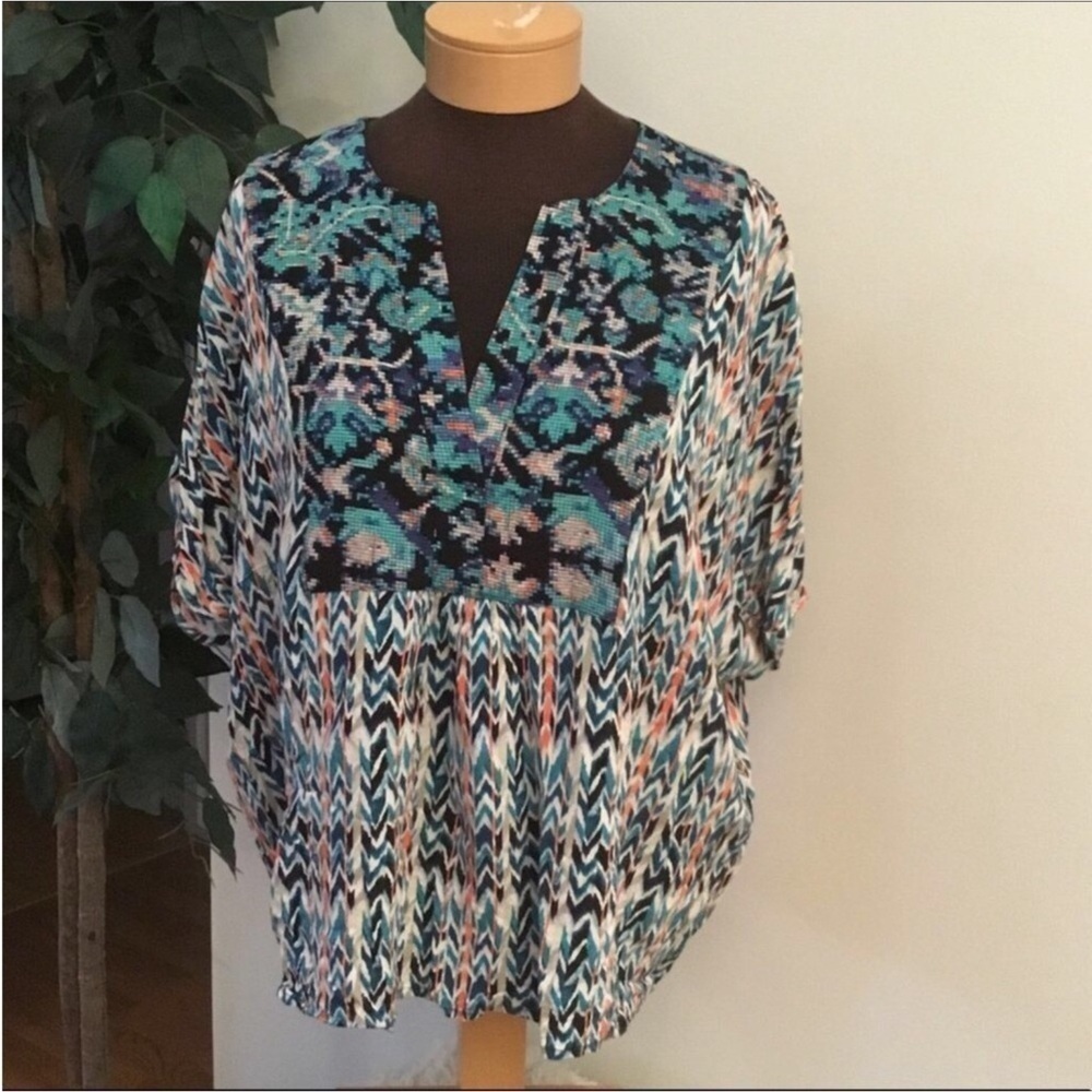 Canyon River Blues blouse Woman’s XL boho multi colored v neck blouse